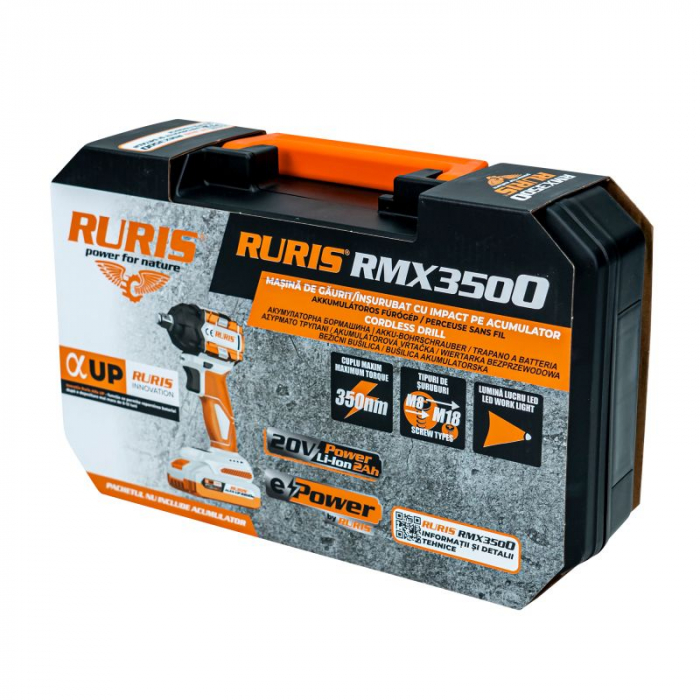 Masina de insurubat cu impact pe acumulator RURIS RMX3500, 20 V, 350 Nm, 3300 BPM, 2400 RPM, M8-M18 surub, fara acumulator/incarcator, 3500rmx2024 [2]