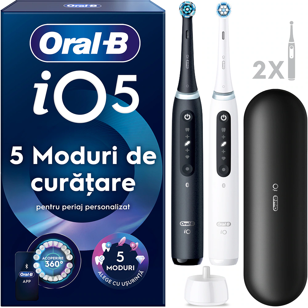 Set 2 periuțe electrice Oral-B iO5 Duo, 5 moduri, senzor de presiune, alb/negru [2]