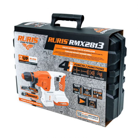 Ciocan rotopercutor pe acumulator RURIS RMX2813, 20 V, 1150 RM, 5100 BPM, 2.8 J, mandrina SDS Plus, motor brushless, 30 mm diametru maxim gaurire, fara acumulator/incarcator  2813rmx2024 [4]