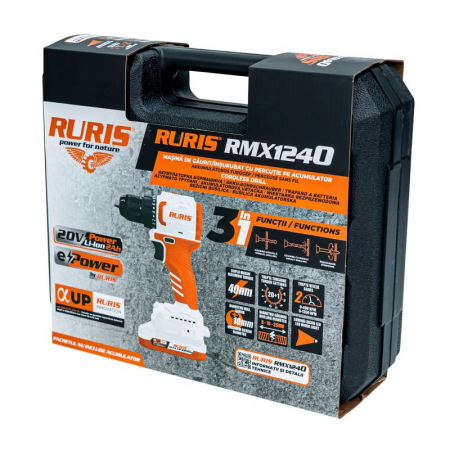 Masina de gaurit si insurubat (bormasina) pe acumulator RURIS RMX1240, 20 V, 2 viteze, motor brushless, fara acumulator/incarcator,1240rmx2024 [1]