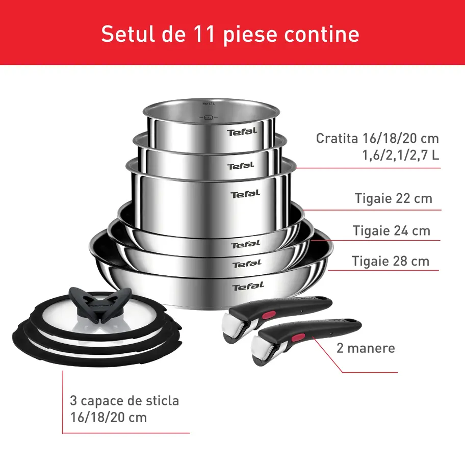 Set vase Tefal Ingenio Emotion L897SB74, 11 piese, inox, mânere detașabile [1]