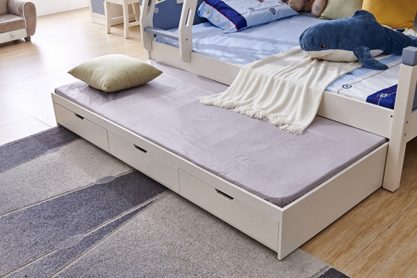 Pat supraetajat Skipper  din  MDF, cu 3 sertare pentru depozitare,  scară si dulap depozitare 4 sertare pentru dormitor copii cod 918 [10]