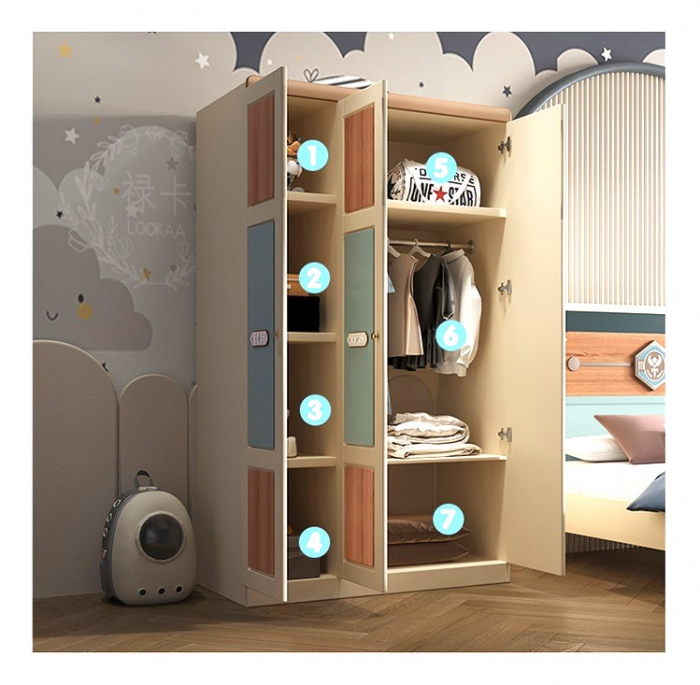 Set mobilier Courage din  lemn masiv de stejar pentru camera copii 4 piese: pat (saltea necesara 150 x 190cm), o noptiera, dulap 3 usi, birou drept -cod 6605 [17]