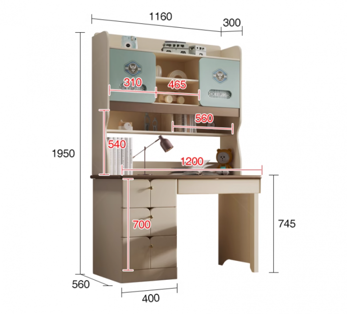 Set mobilier Courage din  lemn masiv de stejar pentru camera copii 4 piese: pat (saltea necesara 150 x 190cm), o noptiera, dulap 3 usi, birou drept -cod 6605 [14]