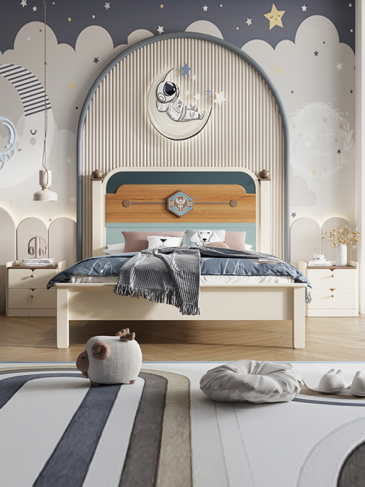 Set mobilier Courage din  lemn masiv de stejar pentru camera copii 4 piese: pat (saltea necesara 150 x 190cm), o noptiera, dulap 3 usi, birou drept -cod 6605 [6]
