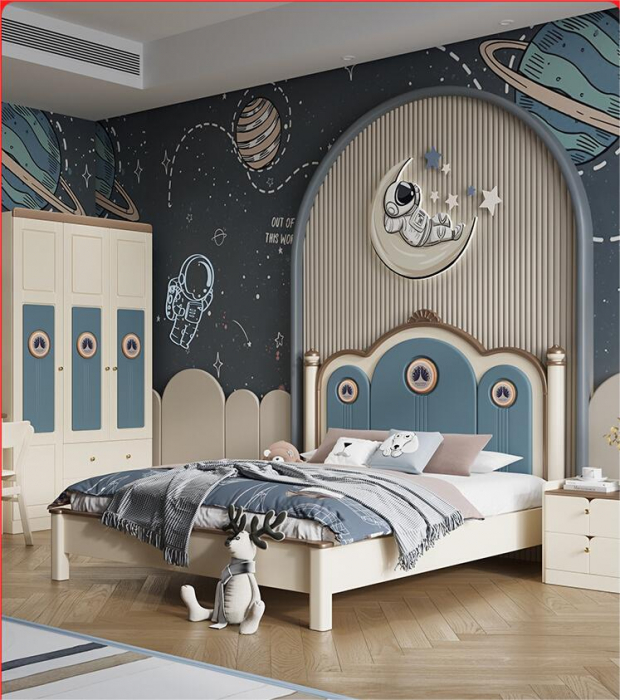 Set mobilier Bluey din  lemn masiv de stejar pentru camera copii 3 piese: pat (saltea necesara 150 x 190cm), o noptiera, dulap 3 usi, -cod 6601 [2]