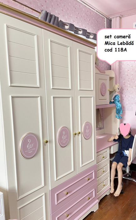 Set mobilier Mica Lebada din MDF si lemn stejar pentru camera copii 4 piese: pat 120 x 200cm, noptiera, dulap, birou -cod 118 [12]