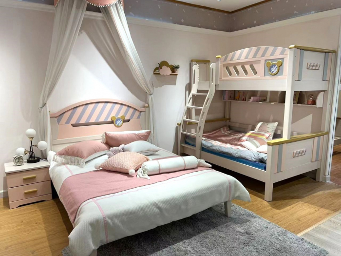 Set mobilier Minnie din  lemn frasin  pentru camera copii 4 piese: pat (saltea necesara 120 x 200cm), o noptiera, dulap 3 usi, birou -cod 2201 [11]