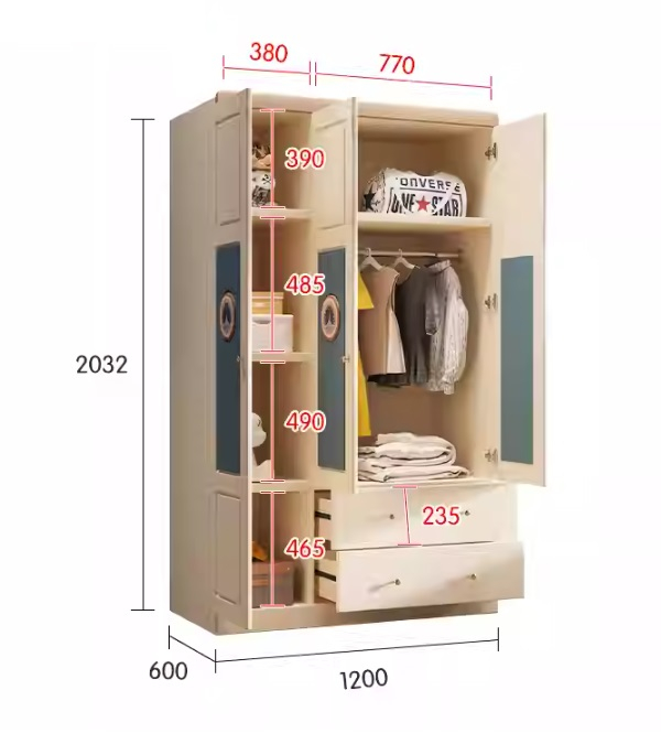 Set mobilier Bluey din  lemn masiv de stejar pentru camera copii 3 piese: pat (saltea necesara 150 x 190cm), o noptiera, dulap 3 usi, -cod 6601 [14]