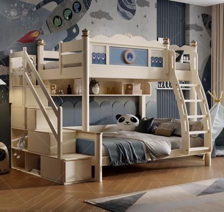 Pat supraetajat Bluey din lemn masiv  de stejar cu dulap scarăcod 601 [7]