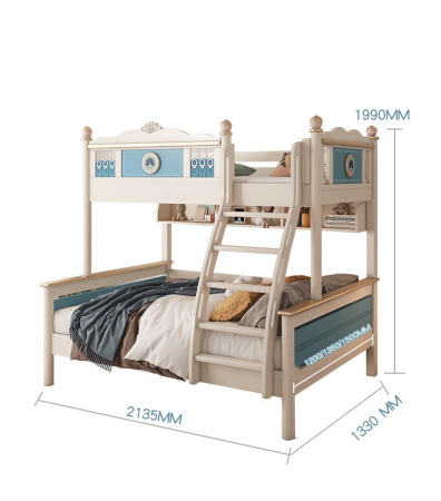 Pat supraetajat Bluey din lemn masiv  de stejar cu dulap scarăcod 601 [10]