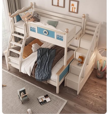 Pat supraetajat Bluey din lemn masiv  de stejar cu dulap scarăcod 601 [5]