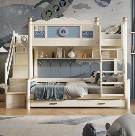 Pat supraetajat Bluey din lemn masiv  de stejar cu dulap scarăcod 601 [0]