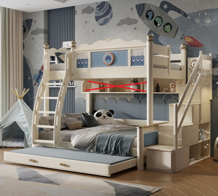 Pat supraetajat Bluey din lemn masiv  de stejar cu dulap scarăcod 601 [1]