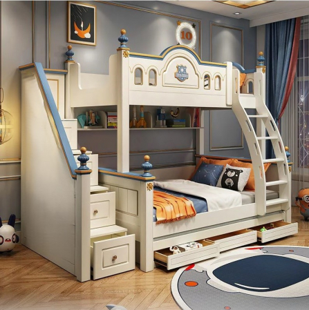 Pat supraetajat Castle Blue din  MDF si lemn stejar cu pat suplimentar și dulap scară cod 1006A