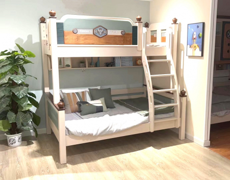 Pat supraetajat Courage din lemn masiv  de stejar cu dulap scară  și pat suplimentar cod 605 [13]