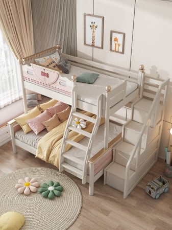 Paturi - Pat supraetajat Fundiță din lemn masiv  de stejar cu dulap scară  cod 603