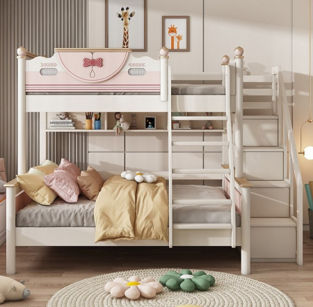 Paturi - Pat supraetajat Fundiță din lemn masiv  de stejar cu dulap scară  cod 603