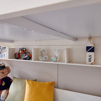 Pat supraetajat Skipper  din  MDF, cu 3 sertare pentru depozitare,  scară si dulap depozitare 4 sertare pentru dormitor copii cod 918 [7]