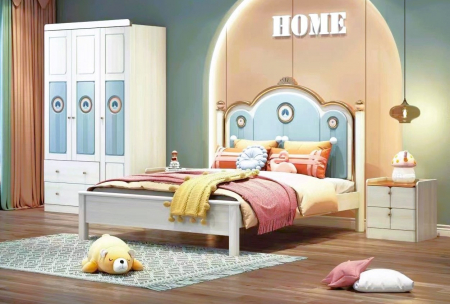 Seturi camere copii - Set mobilier Bluey din  lemn masiv de stejar pentru camera copii 3 piese: pat (saltea necesara 150 x 190cm), o noptiera, dulap 3 usi, -cod 6601