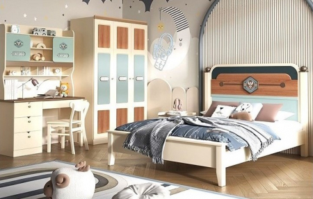 Seturi camere copii - Set mobilier Courage din  lemn masiv de stejar pentru camera copii 4 piese: pat (saltea necesara 150 x 190cm), o noptiera, dulap 3 usi, birou drept -cod 6605