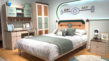 Set mobilier Courage din  lemn masiv de stejar pentru camera copii 4 piese: pat (saltea necesara 150 x 190cm), o noptiera, dulap 3 usi, birou drept -cod 6605 [2]
