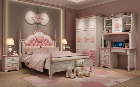 Seturi camere copii - Set mobilier Mica Lebada din MDF si lemn stejar pentru camera copii 4 piese: pat 120 x 200cm, noptiera, dulap, birou -cod 118