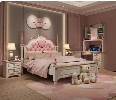 Seturi camere copii - Set mobilier Mica Lebada din MDF si lemn stejar pentru camera copii 3 piese: pat 120 x 200cm, noptiera,  birou -cod 118