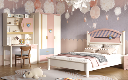 Seturi camere copii - Set mobilier Minnie din  lemn frasin  pentru camera copii 4 piese: pat (saltea necesara 120 x 200cm), o noptiera, dulap 3 usi, birou -cod 2201