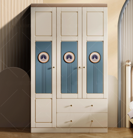 Set mobilier Bluey din  lemn masiv de stejar pentru camera copii 3 piese: pat (saltea necesara 150 x 190cm), o noptiera, dulap 3 usi, -cod 6601 [10]