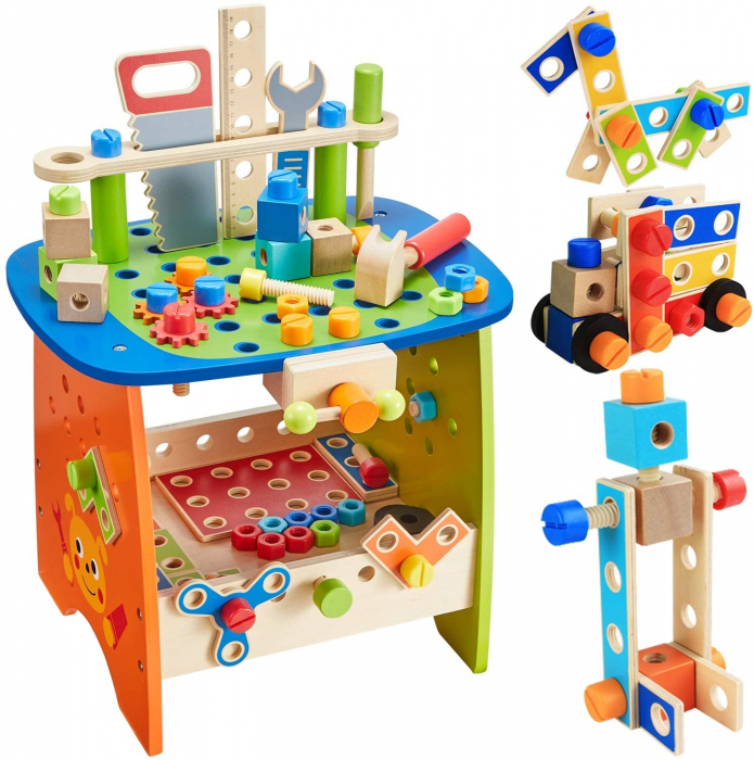 Banc de Lucru Multifunctional cu 89 Piese din Lemn Montessori