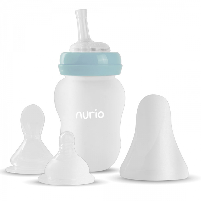 Sticluta inteligenta pentru diversificare 3 in 1 Nurio – lingurita, pai si tetina din silicon, 180 ml, bleu pastel [6]