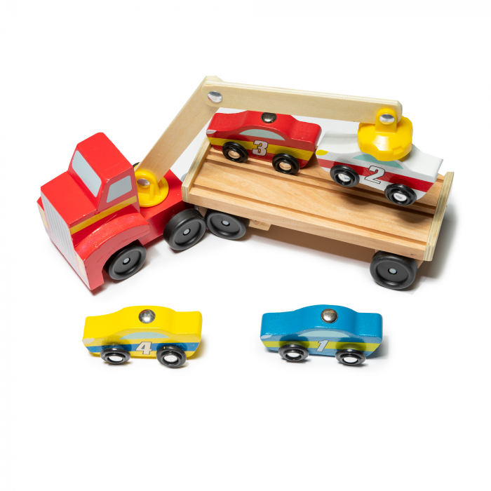 Camion transport mașini din lemn cu braț magnetic și 4 mașini de curse [1]