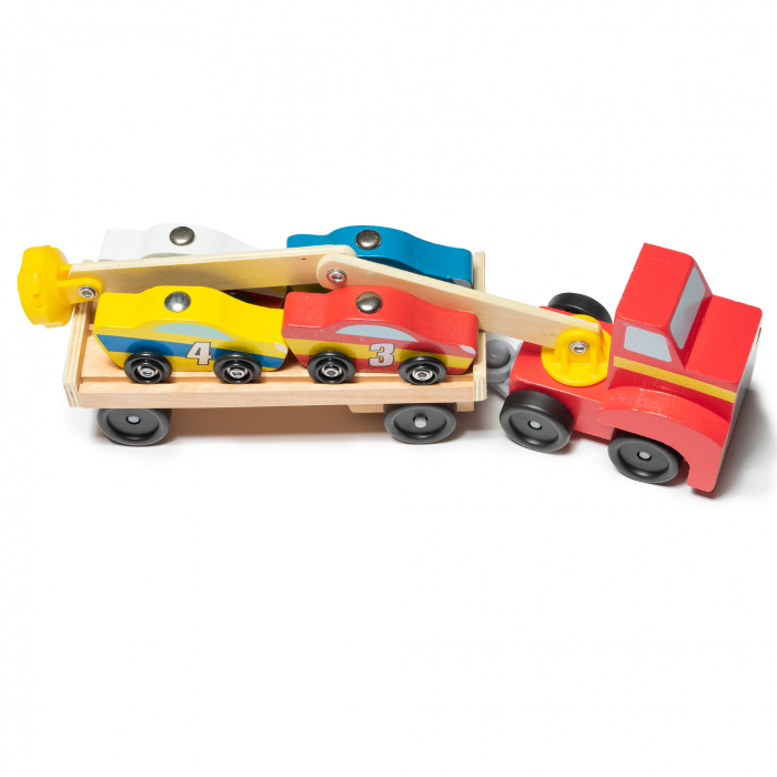 Camion transport mașini din lemn cu braț magnetic și 4 mașini de curse [2]