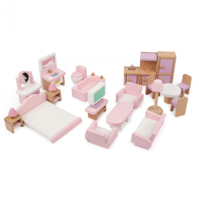 Set Mobilier Roz pentru Casa de Papusi din Lemn- 22 Piese [3]