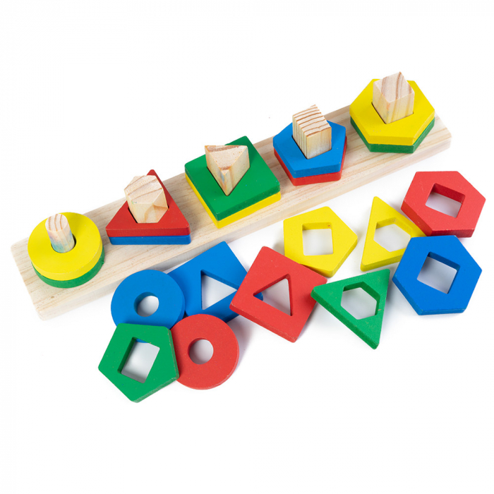 Jucarie din Lemn - Potrivire si Stivuire 5 Forme Geometrice Colorate [2]