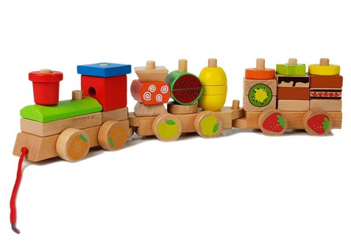 Jucarie Multifunctionala din Lemn Trenulet 30 Bucati - Fructe 42cm [6]