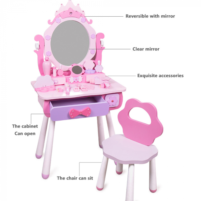 Masuta de make up din lemn cu scaunel tip floare si accesorii Montessori [4]