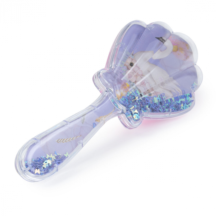 Perie de par pentru fetite, cu dinti moi, in forma de scoica, cu confetti si lebada, 19.5 cm - nurio