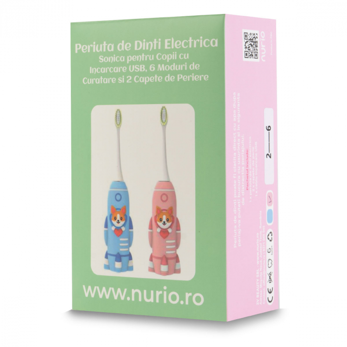 Periuta de Dinti Electrica Sonica pentru Copii cu Incarcare USB, 6 Moduri de Curatare si 2 Capete de Periere - Catelus - Roz [4]