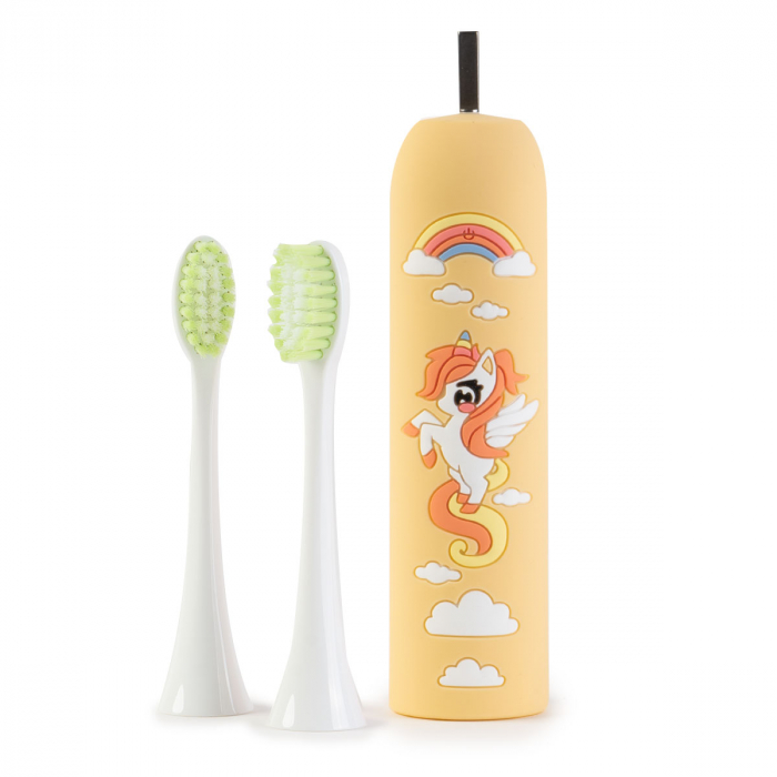 Periuta de Dinti Electrica Sonica pentru Copii cu Incarcare USB, 6 Moduri de Curatare si 2 Capete de Periere - Unicorn - Galben [2]