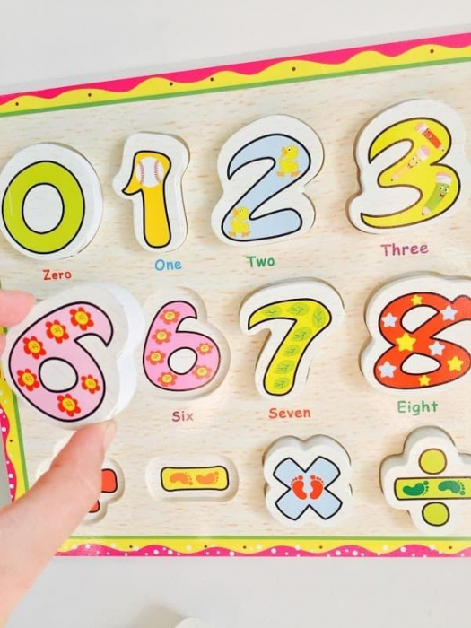 Puzzle 3D din Lemn cu Cifre cu Floricele si Stelute si Simboluri Montessori [3]