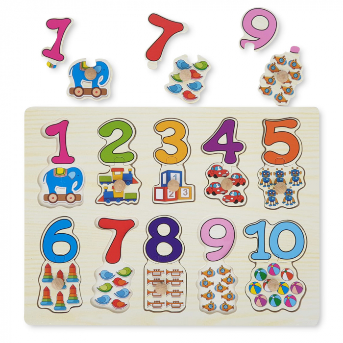 Puzzle din Lemn cu Cifre si Obiecte Montessori