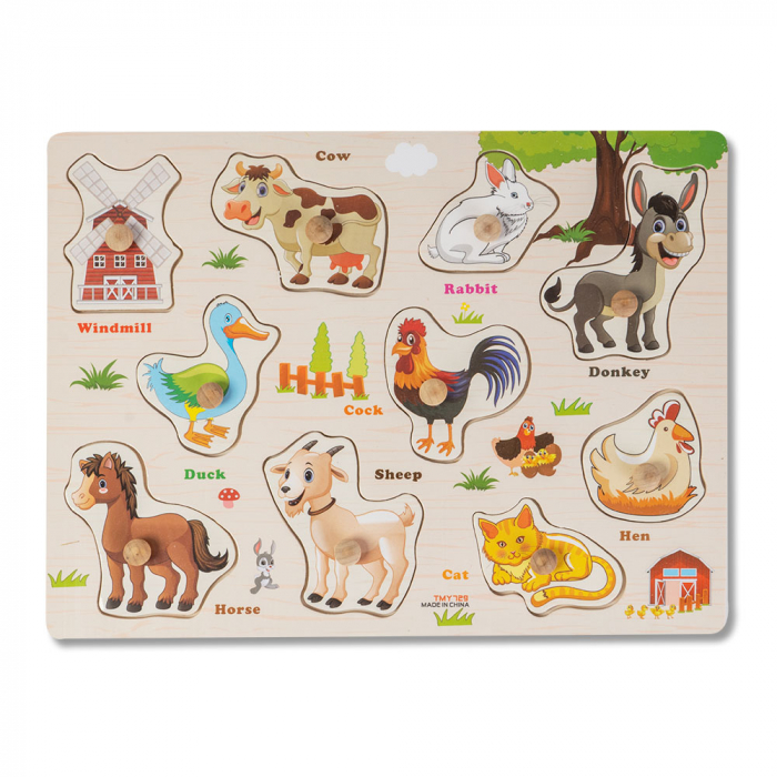 Puzzle din Lemn cu Pui de Animale Domestice Montessori - RESIGILAT