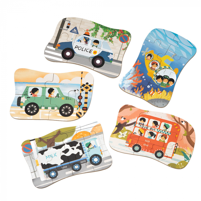Puzzle din Lemn cu Masini in Cutie Metalica Montessori [2]