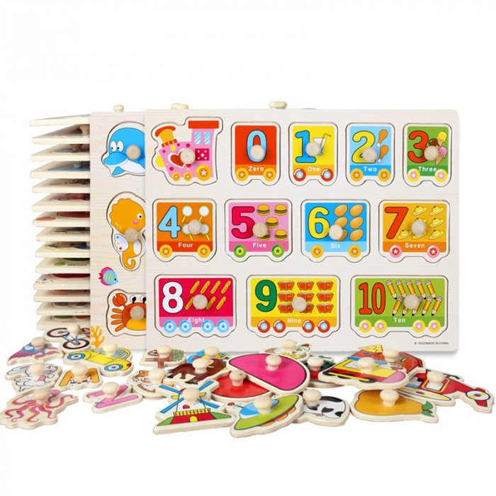 Puzzle din Lemn Incastru, Trenulet cu Vagoane Numerotate, 12 Piese Montessori [4]