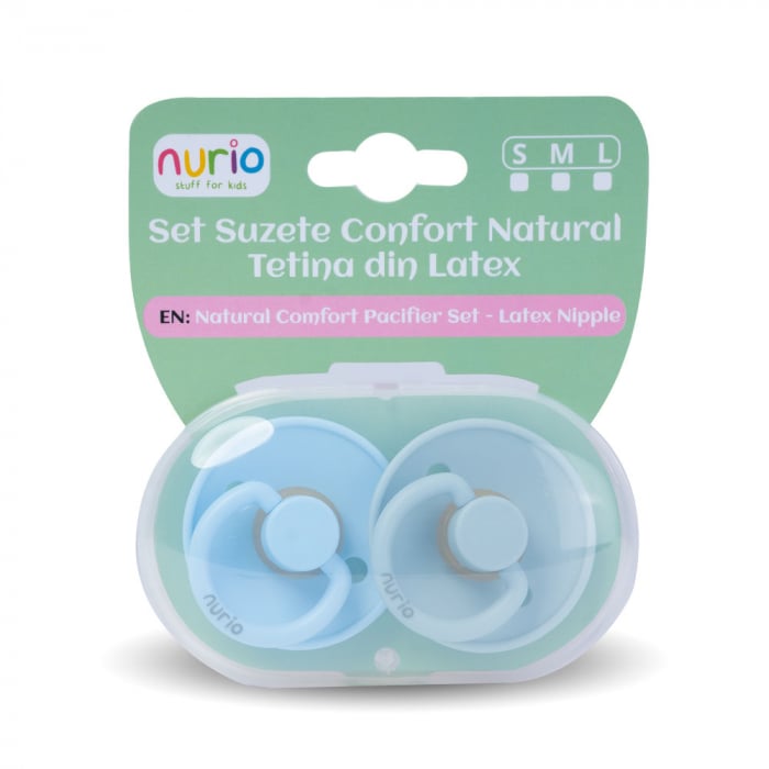 Set de 2 Suzete Natural Comfort - Tetina din Latex, Culori Albastru si Gri