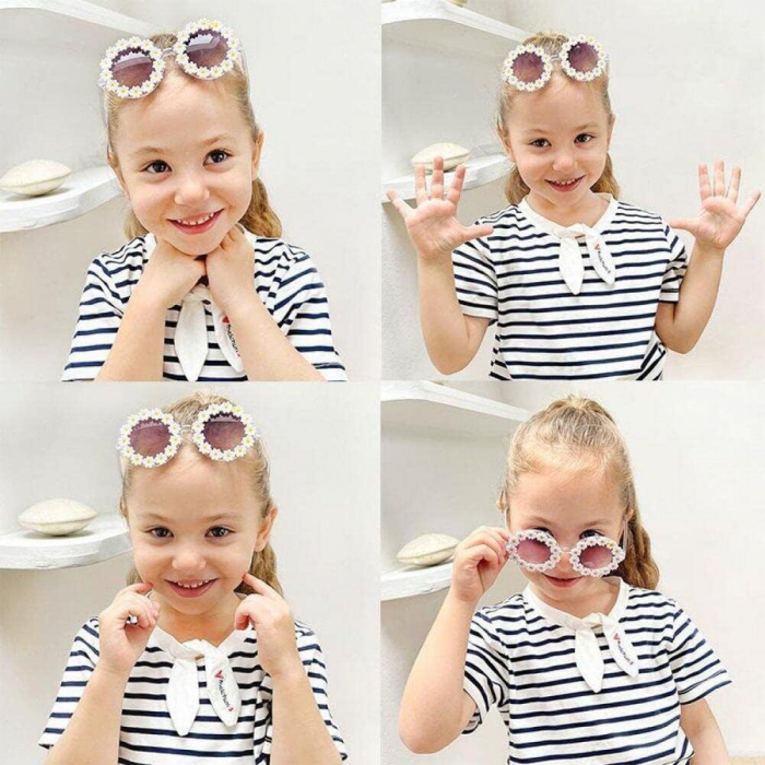 Set Ochelari de Soare pentru Fetite, Model Floricele Vesele, Marime Universala - Alb [10]