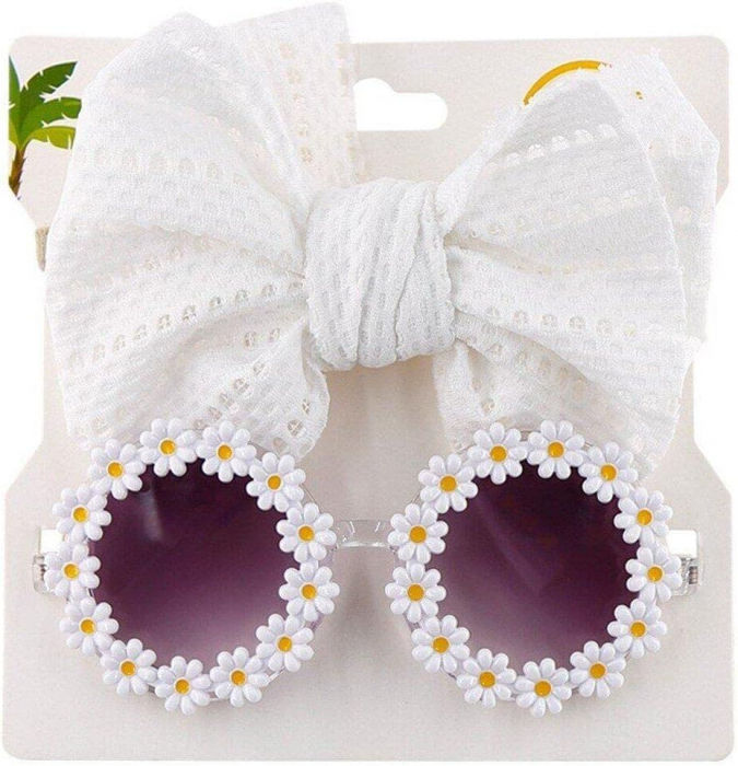 Set Ochelari de Soare pentru Fetite, Model Floricele Vesele, Marime Universala - Alb [6]