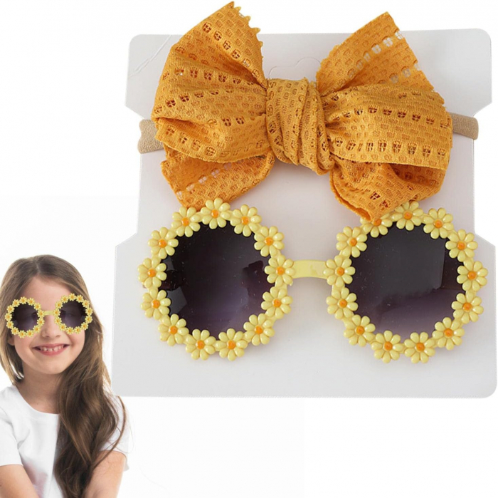 Set Ochelari de Soare pentru Fetite, Model Floricele Vesele, Marime Universala - Galben [10]